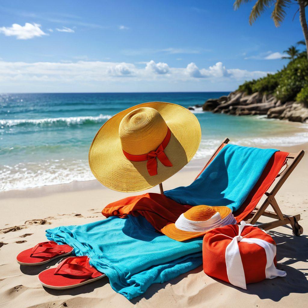 A tranquil seaside scene featuring a stylish beach setup with colorful fashion essentials like a wide-brimmed hat, sunglasses, and a trendy beach towel. In the background, gentle waves lapping at the shore and a clear blue sky with a few fluffy clouds. Include vibrant beach umbrellas and a stylish sarong draped over a lounge chair to evoke a sense of relaxation and elegance. watercolor painting. vibrant colors. dreamy atmosphere.