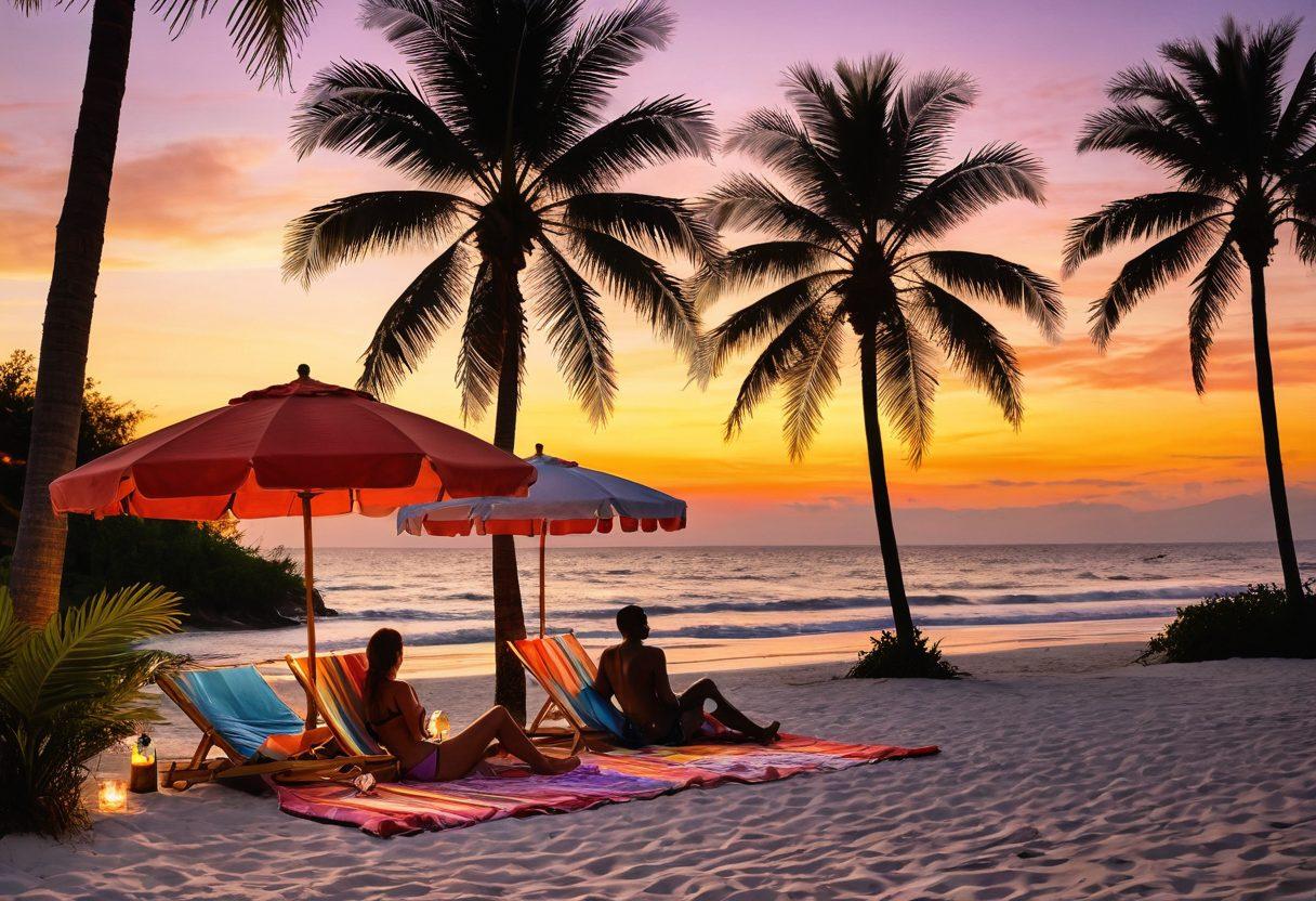 A serene beach scene at sunset, showcasing a couple lounging on soft, white sand, surrounded by stylish swimwear spread out on colorful beach towels. Gentle waves lap at the shore, with palm trees swaying in the breeze, and a soft glow of warm colors reflecting off the water. Include a few tropical drinks with decorative umbrellas to enhance the romantic vibe. vibrant colors. super-realistic.