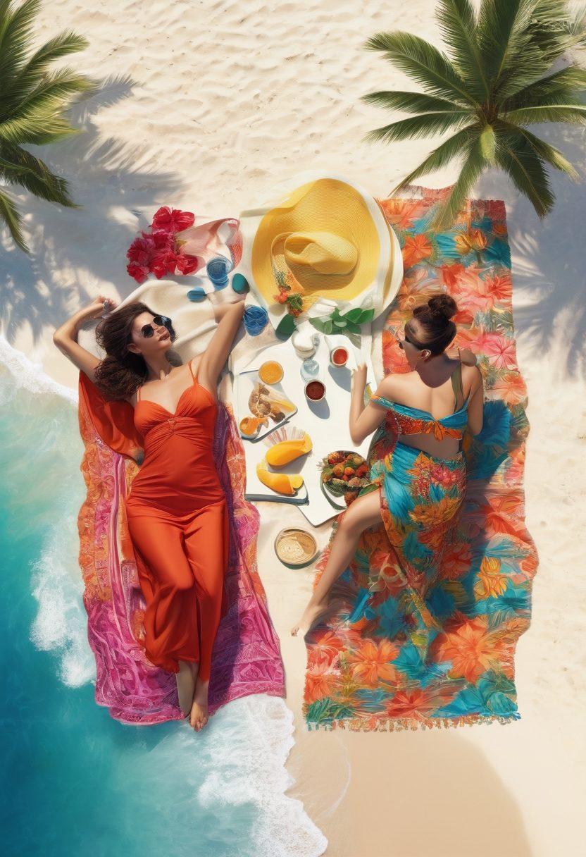 A sunny beach scene featuring diverse beachwear styles like vibrant swimsuits, flowy kaftans, and colorful sarongs. Add a couple enjoying a romantic picnic on the sand, surrounded by tropical flowers and palm trees. Waves gently crashing on the shore and a clear blue sky overhead. Emphasize warm, inviting summer colors. super-realistic. vibrant colors. playful atmosphere.